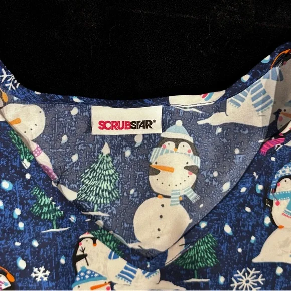 Scrubstar Snowman, Penguin and Snow Scene Winter Holiday Scrub Top. 2XL. - Picture 2 of 7